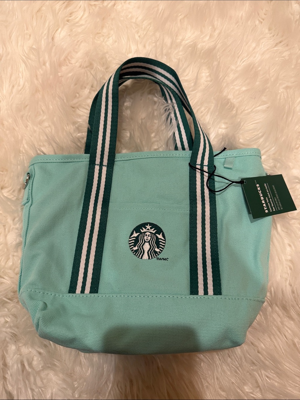 Starbucks Mint-Tone Canvas Tote with Striped Handles